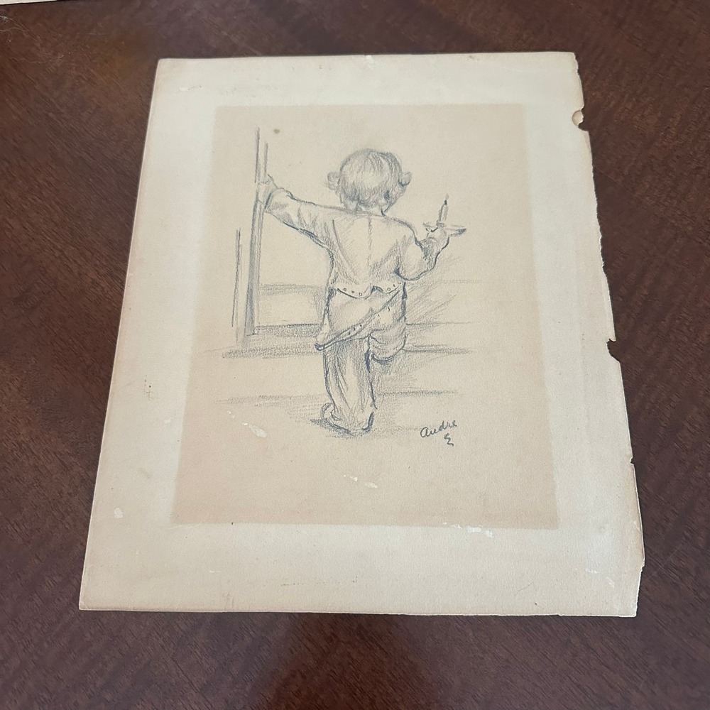 Vintage Andre Signed Pencil Sketch Child with Candle Pajamas Nursery Art Drawing